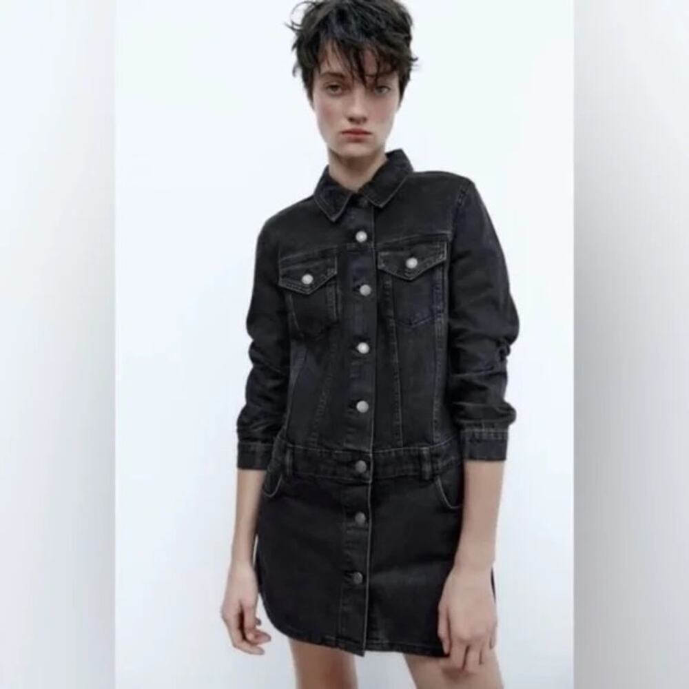 Zara The Zoe Black Long Sleeve Denim Jean Dress Size XS
